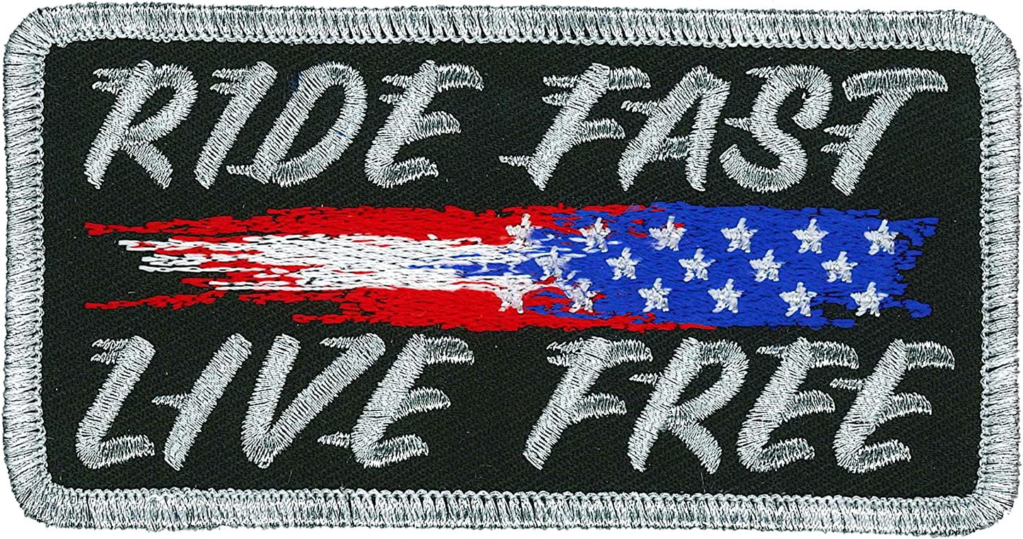 RIDE FAST LIVE FREE, PATCH - Embroidered High Thread Iron-On Heat Sealed Backing Sew-On Biker's Patch - 4" x 2"