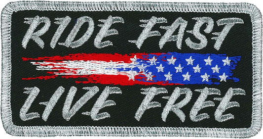 RIDE FAST LIVE FREE, PATCH - Embroidered High Thread Iron-On Heat Sealed Backing Sew-On Biker's Patch - 4" x 2"