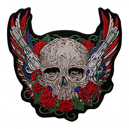SKULL AND GUNS INHOUSE B, High Thread Embroidered Iron-On / Saw-On, Heat Sealed Backing Rayon PATCH - 9" x 9"