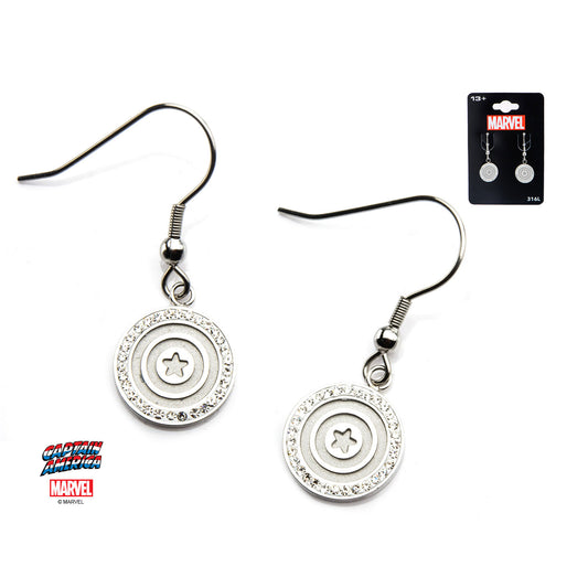 Marvel Captain America Shield with Clear CZ Dangle Stainless Steel Earrings