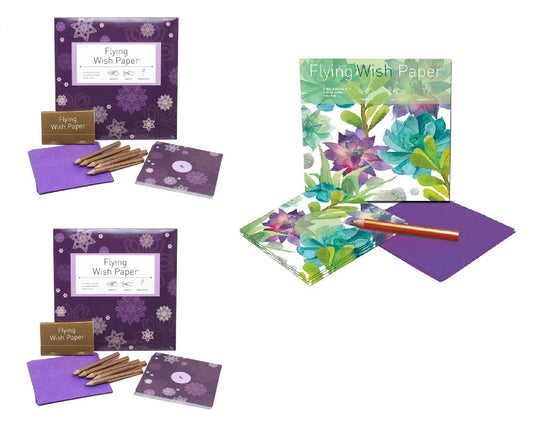 Flying Wish Paper Combo Set, 2 x Purple Snow, Large Kits + FREE Cactus Green Mini Kit Set - Write it, Light it & Watch it Fly - (3 x Sets)