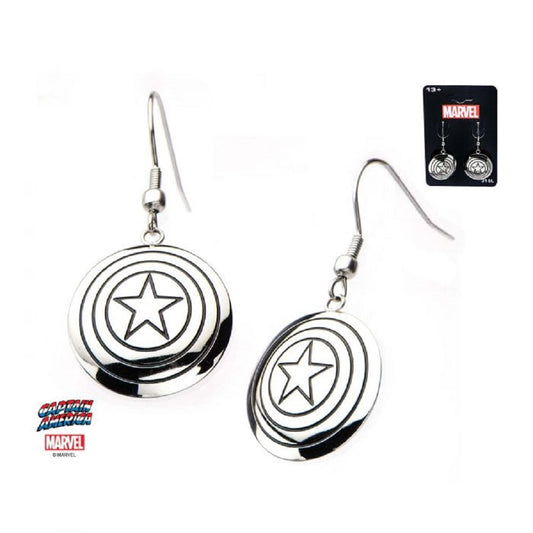 Captain America Shield Logo Earrings - Officially Licensed Marvel Women's Stainless Steel Polished Dangle Earrings