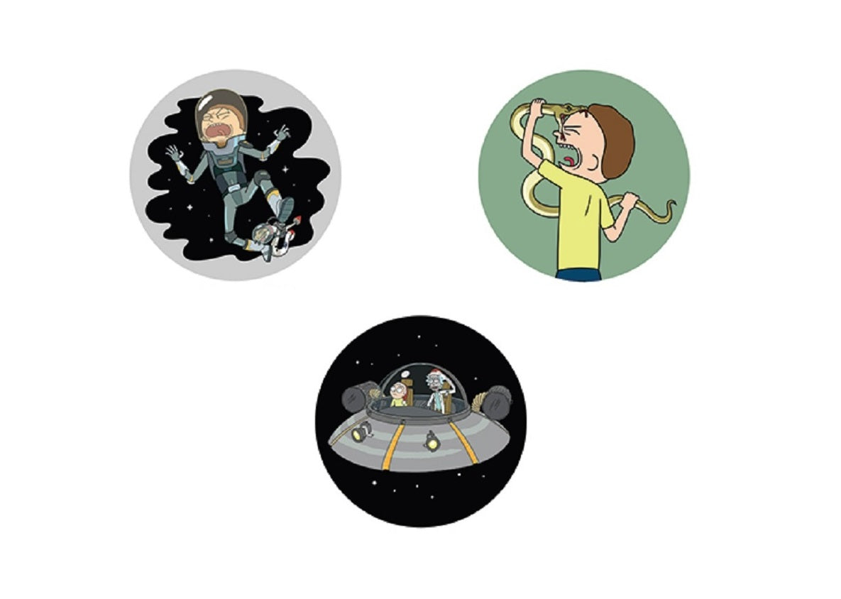 RICK & MORTY COMBO BUTTONS - Heel Bite, Spaceship & Head Bite Original Artwork Combo Pack 3 x Buttons