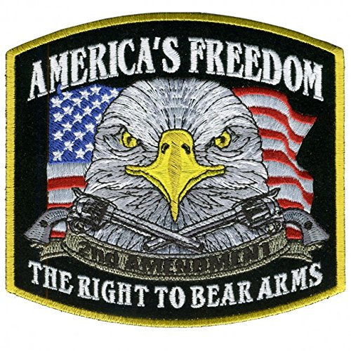 AMERICAS FREEDOM SECOND AMENDMENT, Iron-On / Saw-On Rayon PATCH - 10" x 9", Heat Sealed Backing