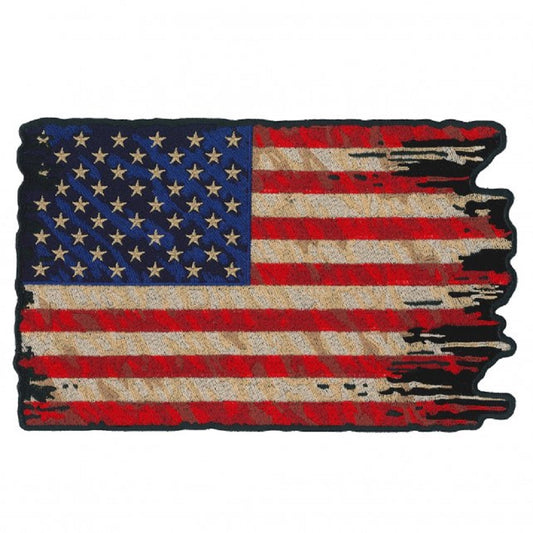 TATTERED US FLAG LARGE PATCH - Embroidered American TORN USA TATTERED FLAG, Heat Backing Iron / Sew-On PATCH - 9" x 5.5"