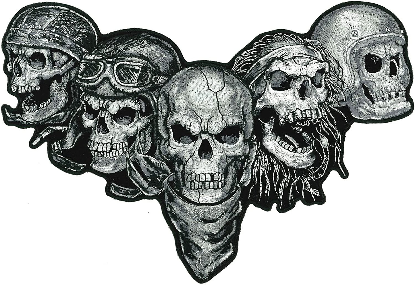 FIVE SKULLS, PATCH - High Thread Iron-On Heat Sealed Backing Sew-On Biker's Large Patch - 10" x 7"