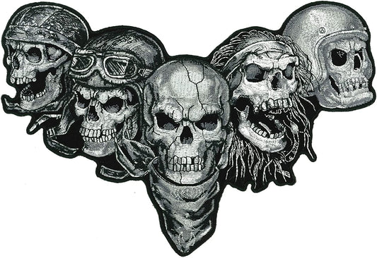 FIVE SKULLS, PATCH - High Thread Iron-On Heat Sealed Backing Sew-On Biker's Large Patch - 10" x 7"
