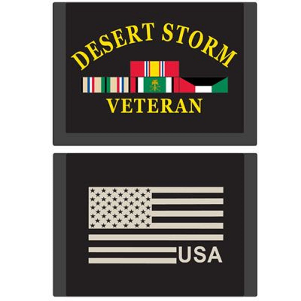 DESERT STORM WALLET - DESERT STORM VETERAN , USA Flag - Embroidered Logo Heavy Duty Trifold Nylon Wallet - 3.5" x 5"