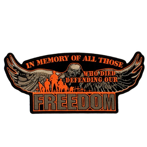 DEFENDING OUR FREEDOM HOOK BACK, High Thread Embroidered Saw-On PATCH - 5" x 2.25"