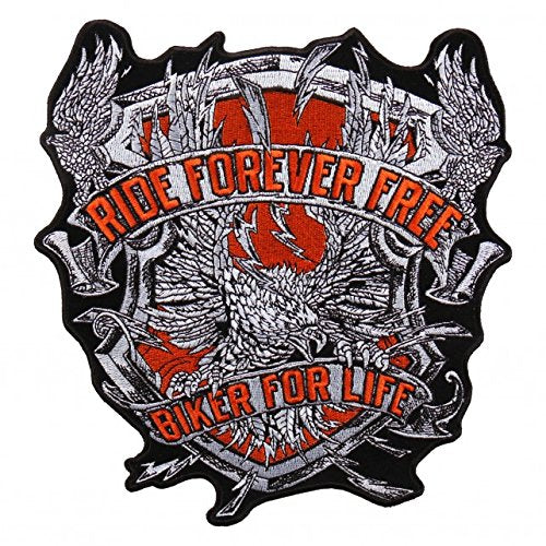 EAGLE BACK, RIDE FOREVER FREE BIKER FOR LIFE, Embroidered Iron-On / Saw-On, Heat Sealed Backing Rayon PATCH - 8" x 9"