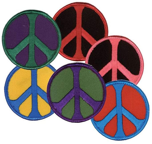 PEACE SIGN COMBO PATCH - Matt Stewart Art Peace Sign Embroidered Iron Sew-On 3" Round, Set Of 6 Individual Color PATCHES