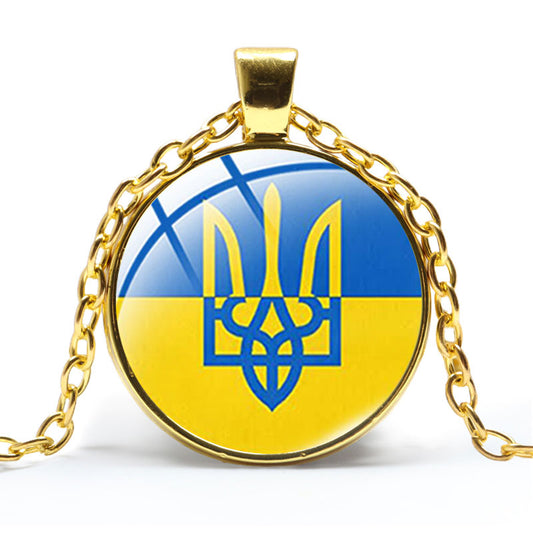 "Ukraine Flag Necklace, The Tryzub Ukrainian Symbol with Glass Top Gold Chain Pendant Necklace"