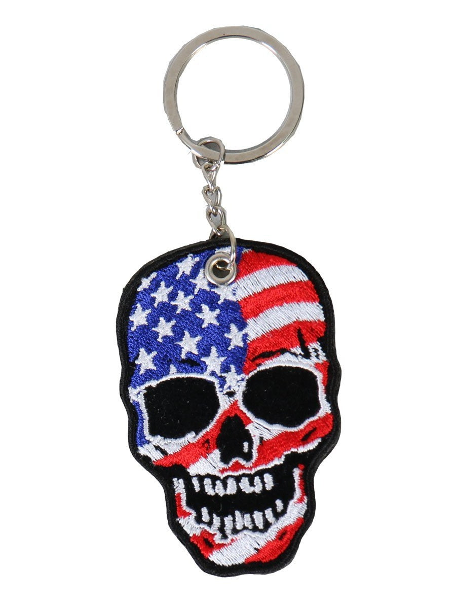 Double Sided Key Chains, AMERICAN FLAG SKULL - High Quality Embroidered PATCH KEYCHAIN - 2" x 3"