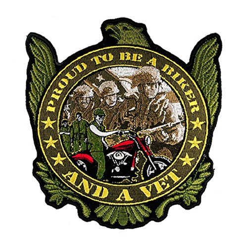 PROUD BIKER AND VET, "SOLDIERS & MOTORCYCLE", Iron-On / Saw-On Rayon PATCH - 9" x 10"