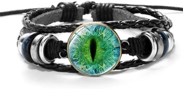 Dragon Eye Charm Bracelet, Blue Sauron Eye w/ Glass Gem PU Leather Wristband - Black
