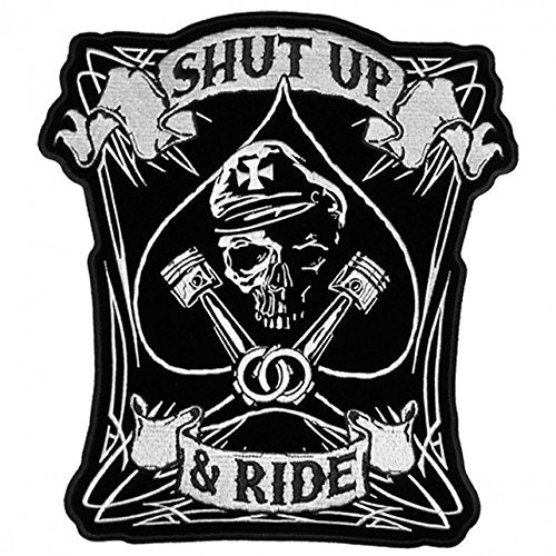 SHUT UP AND RIDE, With Skull and Spade - High Thread Iron-On / Saw-On Rayon XL PATCH - 11" x 12"