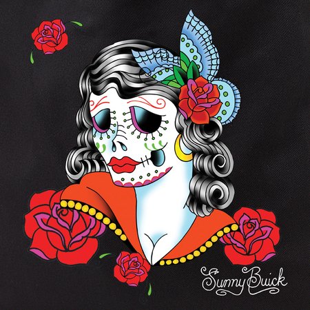 Sunny Buick Lady Sugar Skull - Cotton TOTE Shopping BAG - 15" x 16" - Natural