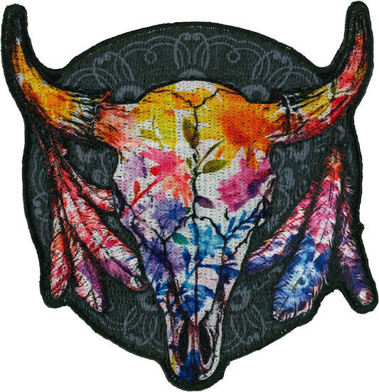 WILD FLOWERS CATTLE SKULL, PATCH - Embroidered High Thread Rayon Iron-On Heat Sealed Backing Sew-On Biker's Large Patch - 3.5" x 3.5"