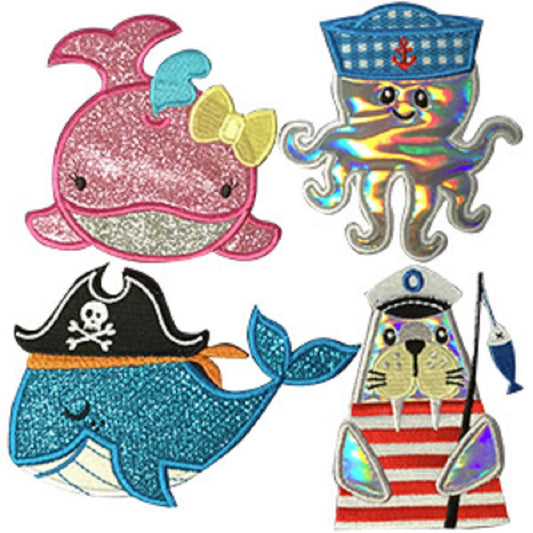 Animals Assorted Sea Life Patches - Sew Iron on, Original Embroidered Artwork - 4 Peice Patch Set - 2.75" x 5.1"
