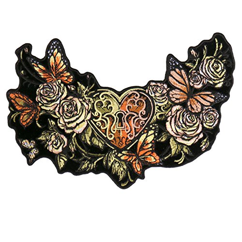 HEART LOCK, High Quality Iron-On / Saw-On, Heat Sealed Backing Rayon PATCH - 8" x 5"