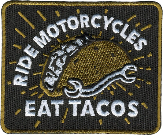 RIDE MOTORCYCLES EAT TACOS, PATCH - Embroidered High Thread Iron-On Heat Sealed Backing Sew-On Biker's Patch - 3" x 2.5"