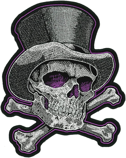 TOP HAT AND BONES BIKER, PATCH - High Thread Iron-On Heat Sealed Backing Sew-On Large Patch - 6.5" x 8"
