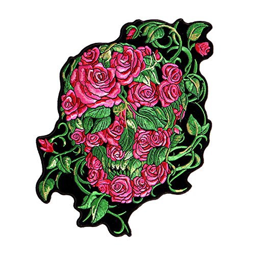 ROSES SKULL, High Thread Embroidered Iron-On / Saw-On Rayon PATCH - 7" x 10", Exceptional Quality
