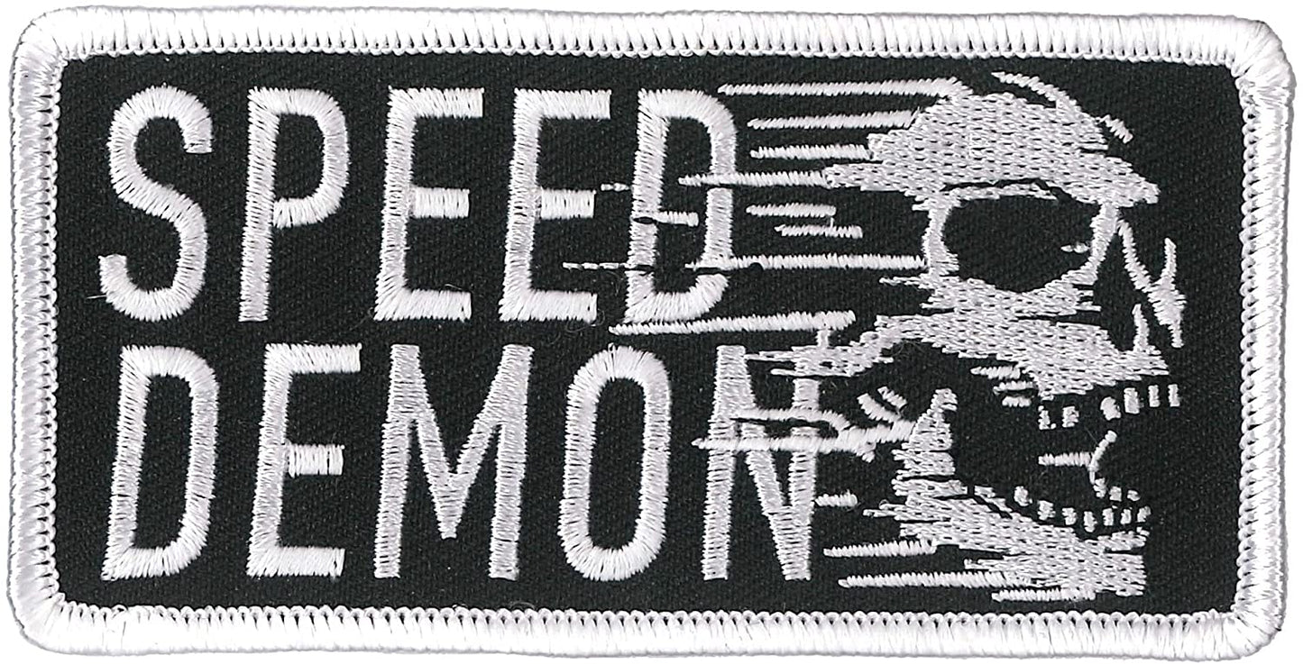 SPEED DEMON SKULL, PATCH - High Thread Iron-On Heat Sealed Backing Sew-On Biker's Patch - 4" x 2"