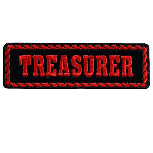 RED OFFICER TREASURER, High Thread Embroidered Iron-On / Saw-On Rayon PATCH - 4" x 1"