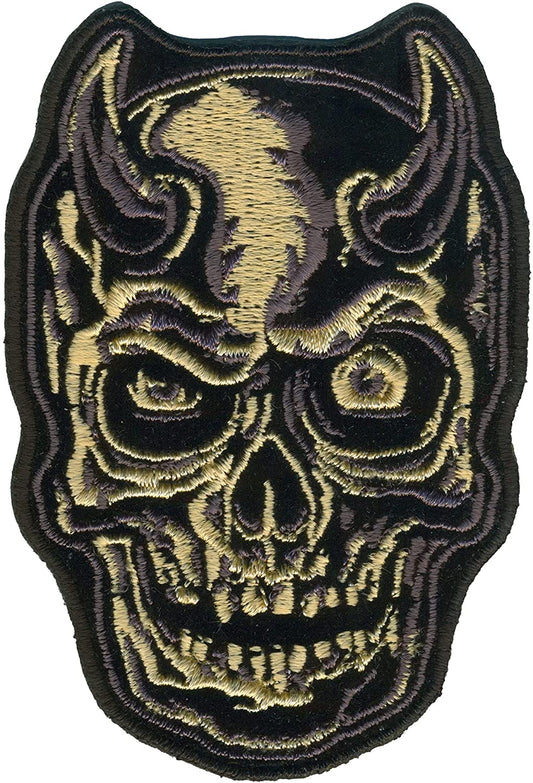DEVIL HORN SKULL GREY, PATCH - High Thread Iron-On Heat Sealed Backing Sew-On Biker's Large Patch - 6" x 9"