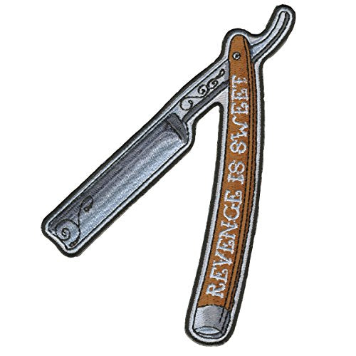 STRAIGHT RAZOR, High Thread Embroidered Iron-On / Saw-On Rayon PATCH - 5" x 3", Exceptional Quality