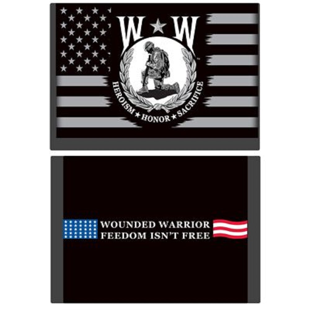 WOUNDED WARRIOR WALLET - HEROISM HONOR SACRIFICE Freedom Isn't Free - Embroidered Logo Trifold Nylon Wallet - 3.5" x 5"