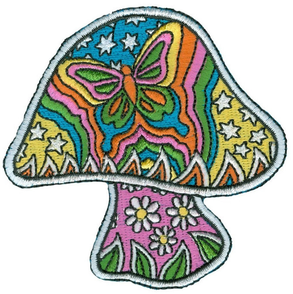Dan Morris Artist Iron On Patch - Psychodelic Mushroom w/ Butterfly & Stars Applique