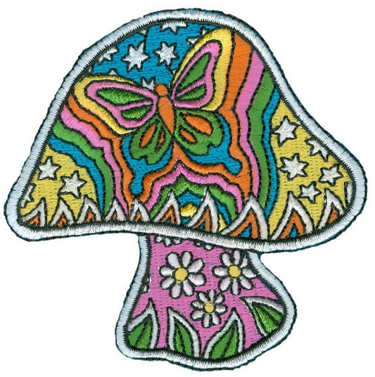 Dan Morris Artist Iron On Patch - Psychodelic Mushroom w/ Butterfly & Stars Applique