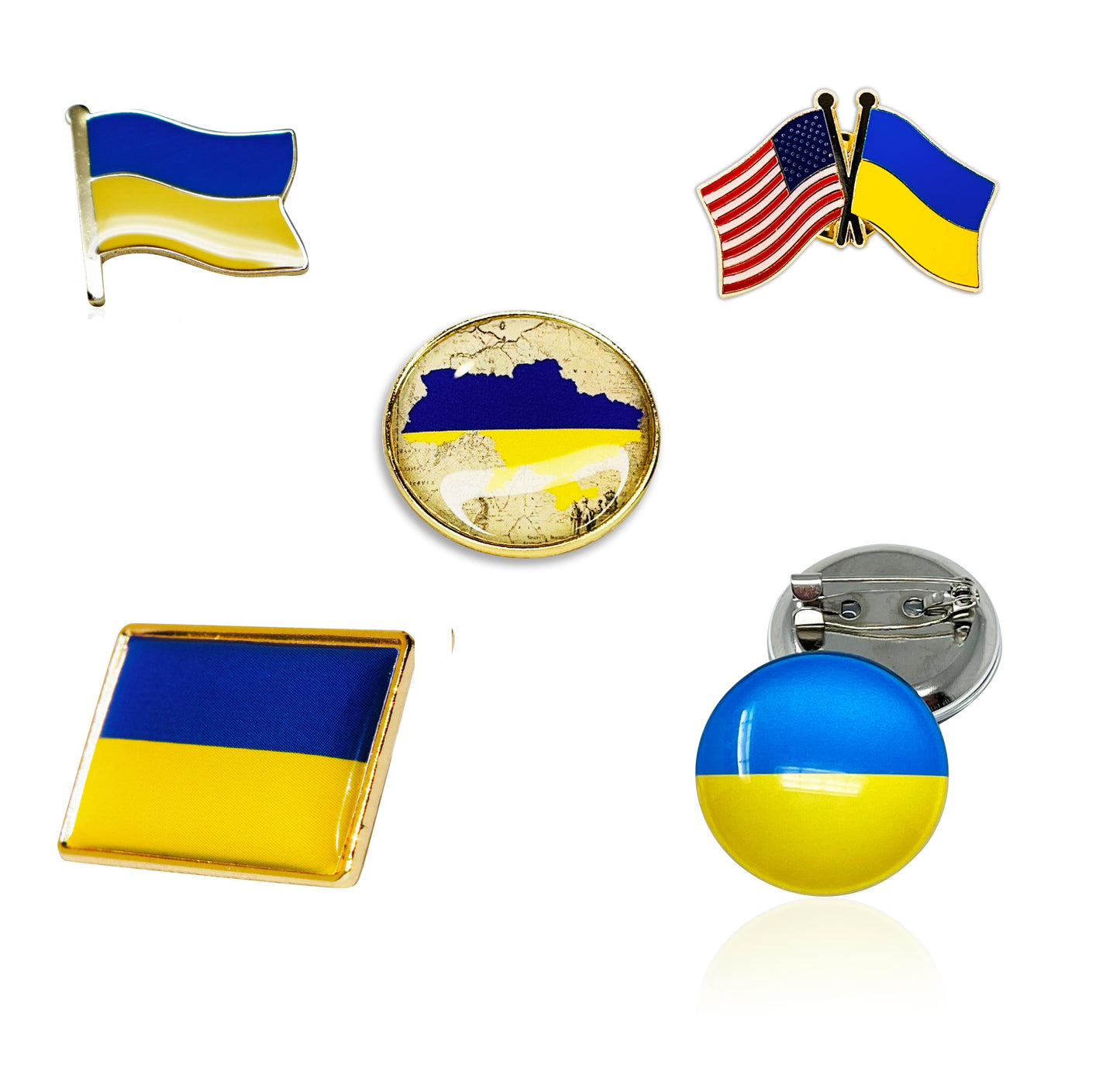 "5 Piece Pack Pins - Ukraine & USA Cross Friendship Flag PIN, Waving Flag, Map of Ukraine, Ukrainian Flag Lapel Pins - 5 Pcs"