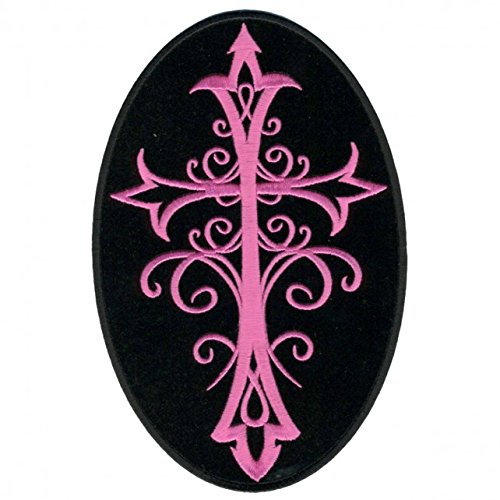 PINK CRUCIFIX, Iron-On / Saw-On Rayon PATCH - 3" x 5", Exceptional Quality