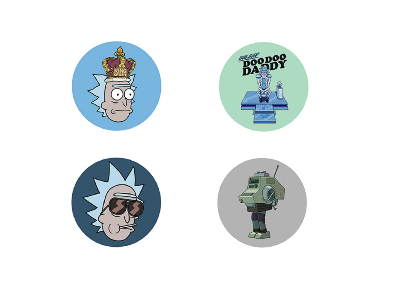 RICK & MORTY COMBO PACK BUTTONS - King Of Spit, Doo Doo Daddy, Lollipop & Heistotron Artwork Combo Pack 4 x Buttons