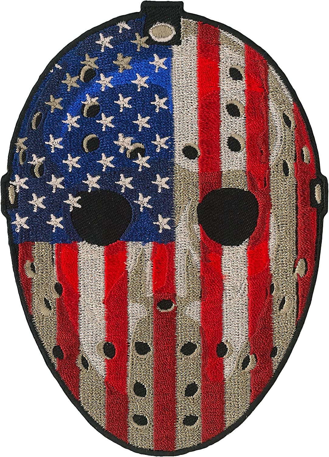 HOCKEY MASK USA FLAG, PATCH - US Flag Design High Thread Heat Sealed Backing Sew Iron On Patch - 4" x 5"