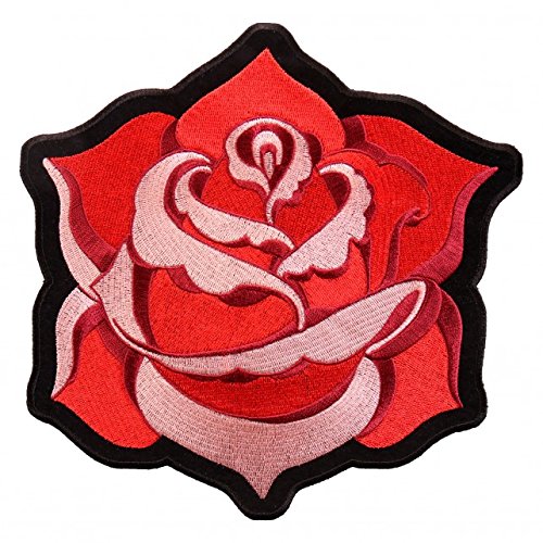 TATTOO ROSE, High Thread Embroidered Iron-On / Saw-On, Heat Sealed Backing Rayon PATCH - 8" x 8"