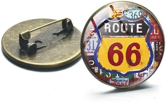 US Route 66 Classic Brooches Pin - Old-fashion Retro Hippie Street Style Glass Dome Metal Brooch Badge Lapel Pin Button - 2.5cm