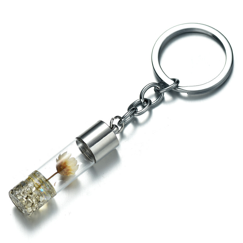 Glass Wish Bottle Keychain, Wish Drift Bottle w/ Dried Flower Pendant Charms Key Ring - Cream