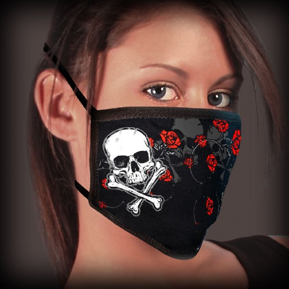RED ROSES, Multilayered FACE MASK - Horror Skull with Cross Bones, Super Soft Cotton Moisture Absorbent Washable & Reusable Bike Rider Face Mask