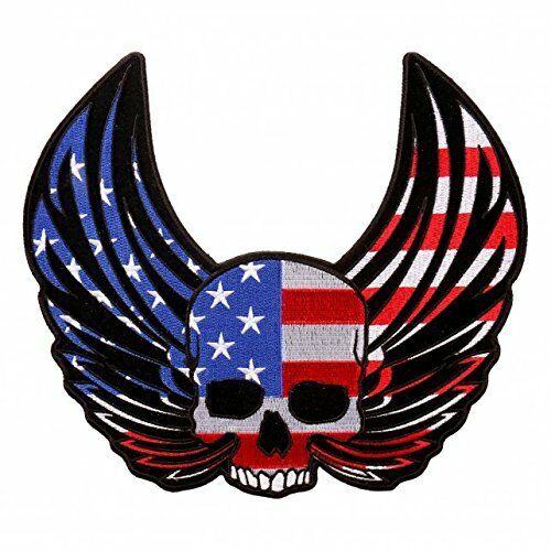 SKULL WINGS, PATCH - Skull Wings with USA Flag Patriotic High Thread Iron-On Heat Sealed Backing Sew-On Biker's Patch - 4" x 3"