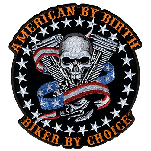SKULL MOTOR AMERICAN BY BIRTH BIKER BY CHOICE, Iron-On / Saw-On Rayon PATCH - 4" x 4"