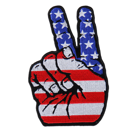PATRIOTIC PEACE SIGN, Iron-On / Saw-On Rayon PATCH - 3.5" x 5", Heat Sealed Backing