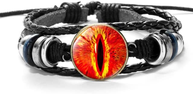 Dragon Eye Charm Bracelet, Orange Sauron Eye w/ Glass Gem PU Leather Wristband - Black