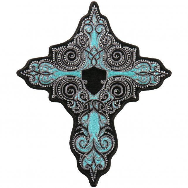 TURQUOISE CROSS Patch with RHINESTONES - Sew Iron on, Embroidered Patch - 8" X 9"