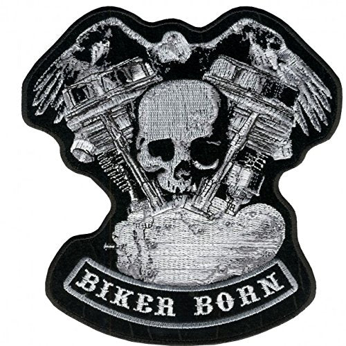 BIKER BORN EAGLE DISTRESSED SKULL & MOTOR, Iron-On / Saw-On Rayon PATCH - 4" x 5"