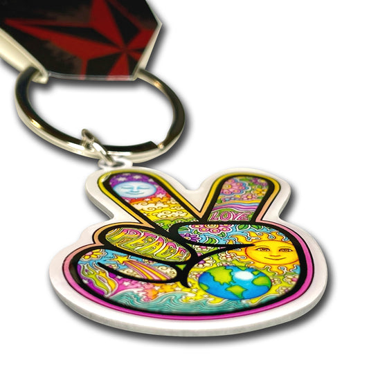 Dan Morris - PEACE FINGERS KEYCHAIN, Limited Edition DUAL DOUBLE SIDED Peace Artwork METAL KEYRING - 5cm x 3.5cm