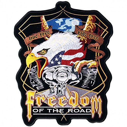 FREEDOM OF THE ROAD EAGLE AND V-TWIN, High Thread Embroidered Iron-On / Saw-On Rayon BIKER PATCH - 5" x 6"